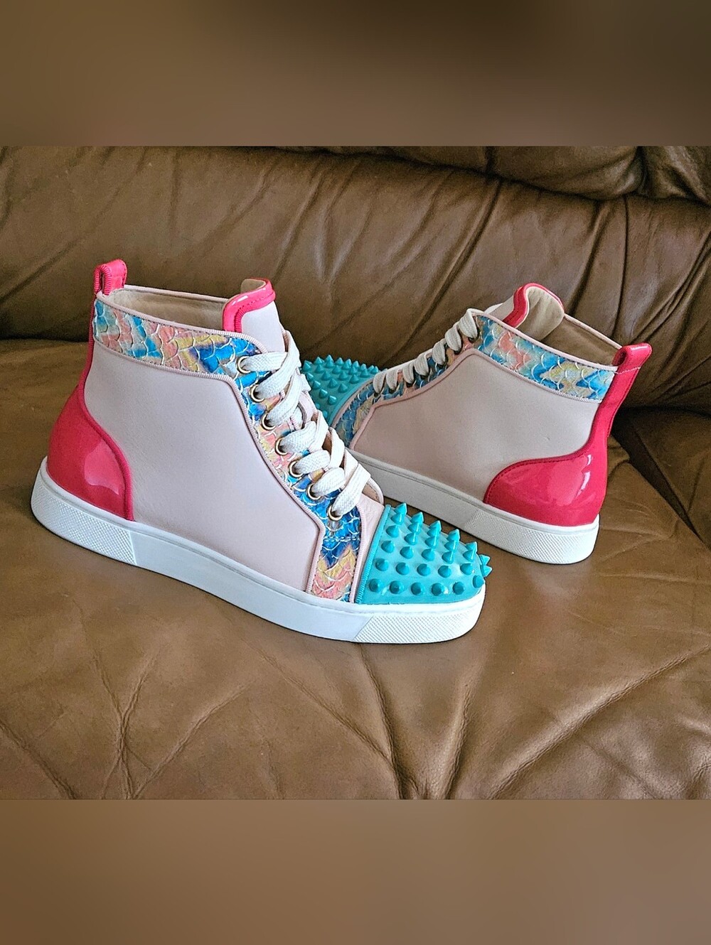 Women's Christian Louboutin Multicolor Leather Spike-Studded Hightop Size 5 US